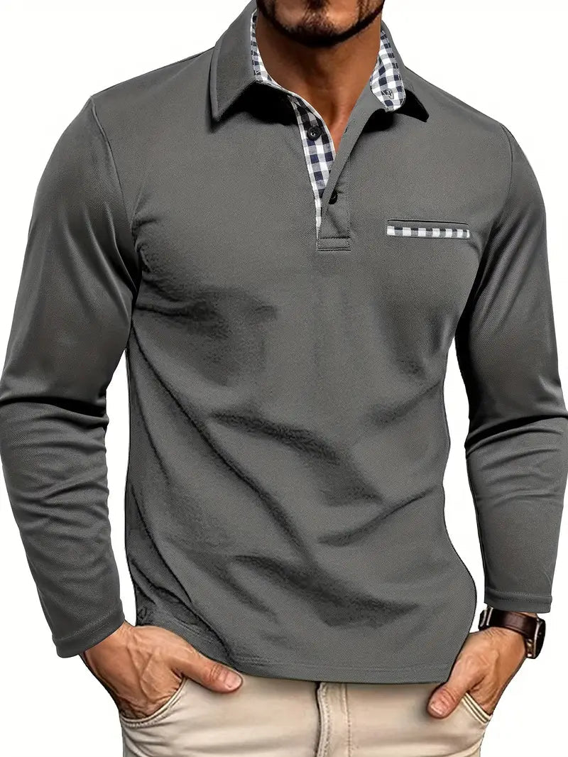 Men's Long-Sleeve Polo Shirt with Ribbed Collar