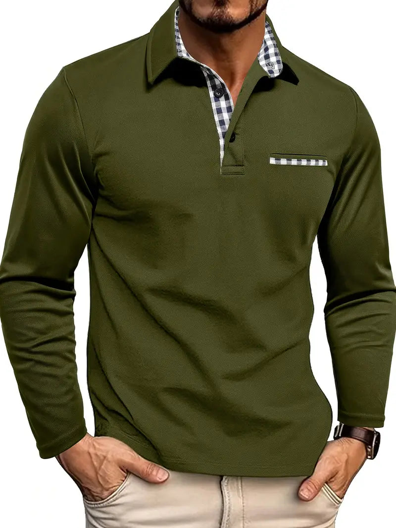 Men's Long-Sleeve Polo Shirt with Ribbed Collar
