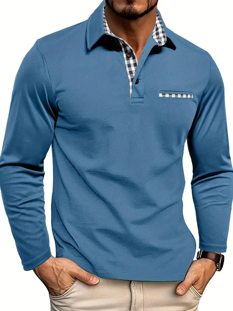 Men's Long-Sleeve Polo Shirt with Ribbed Collar