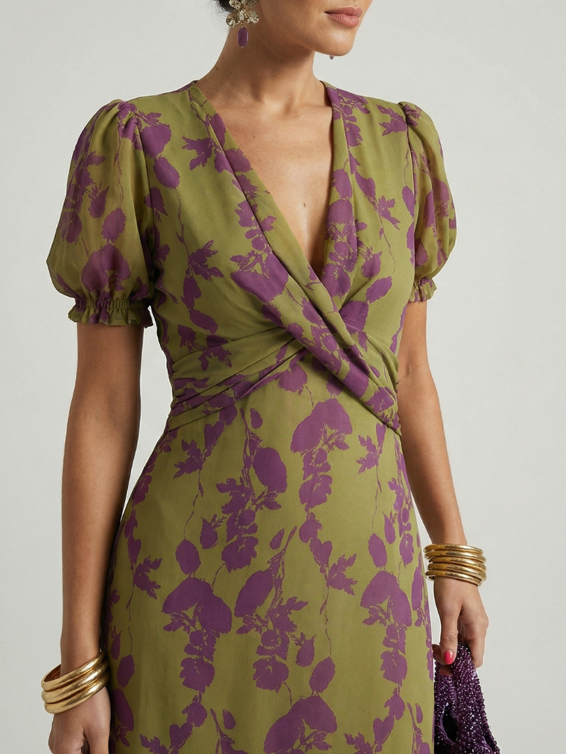 Women's Chiffon Wrap Midi Dress with Puff Sleeves