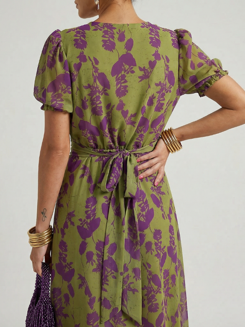 Women's Chiffon Wrap Midi Dress with Puff Sleeves