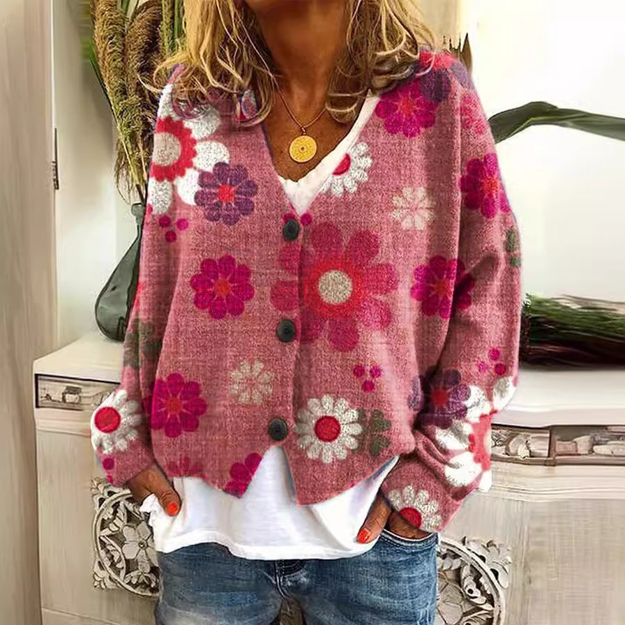 Women's Patterned Knit Cardigan with Round Neck