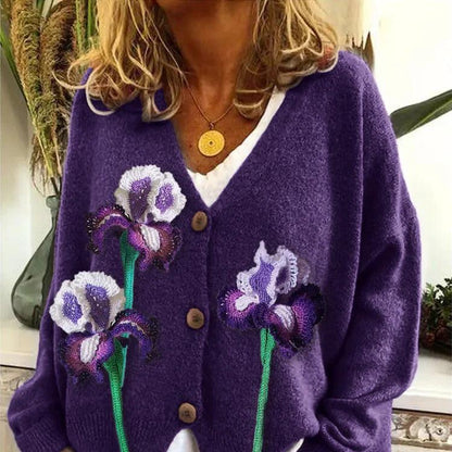 Women's Patterned Knit Cardigan with Round Neck
