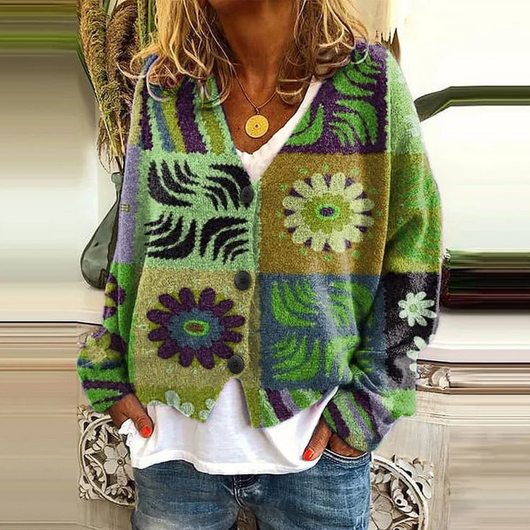 Women's Patterned Knit Cardigan with Round Neck