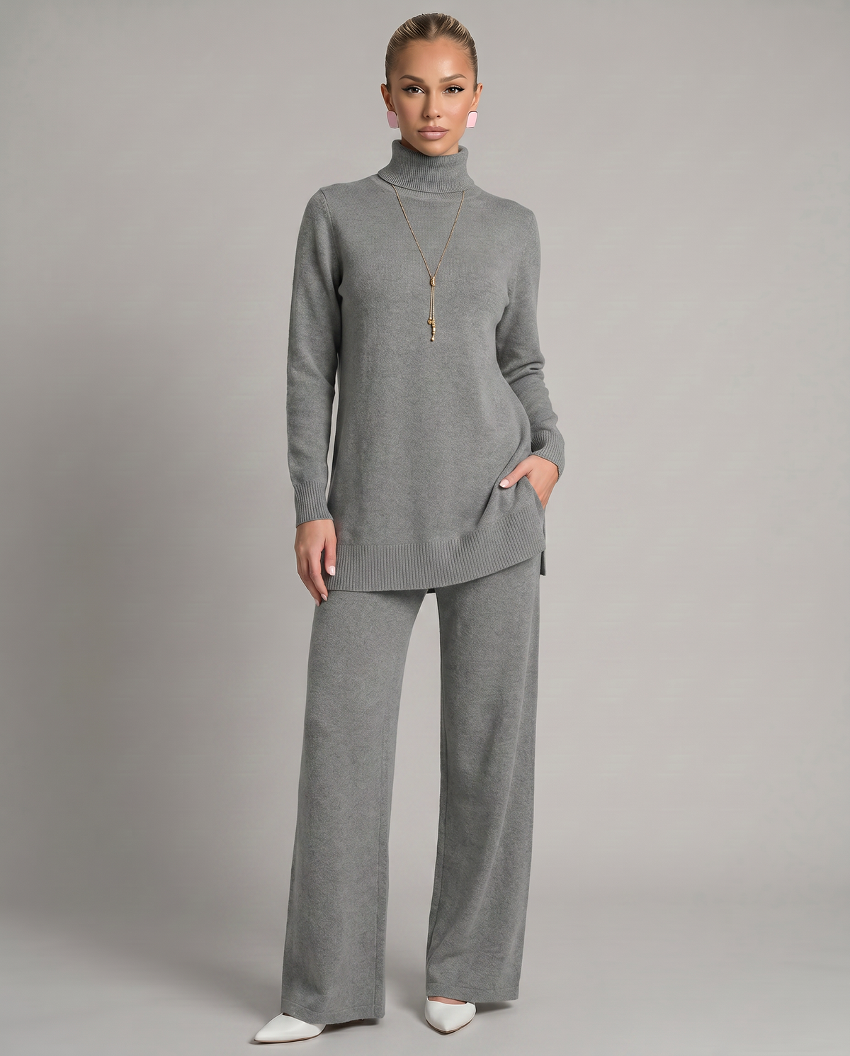 Women's Knit Two-Piece Set Turtleneck – Grey