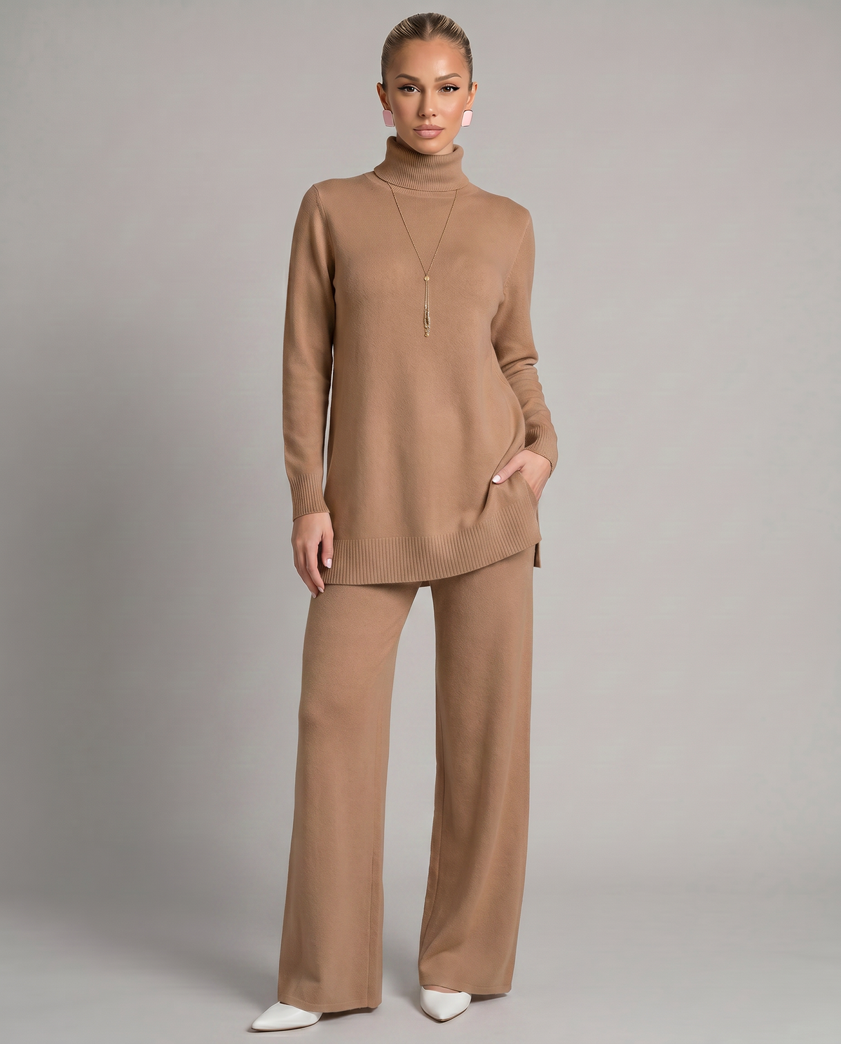 Women's Knit Two-Piece Set Turtleneck – Khaki