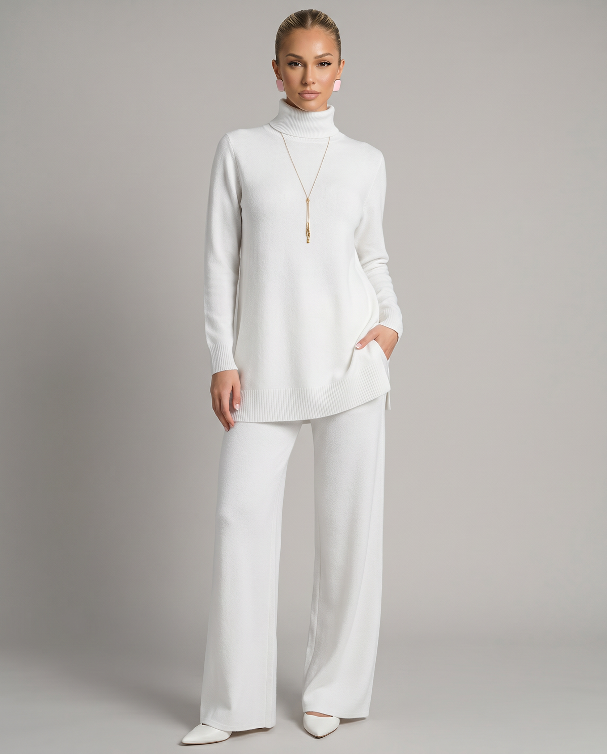 Women's Knit Two-Piece Set Turtleneck – White
