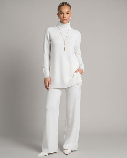 Women's Knit Two-Piece Set Turtleneck – White
