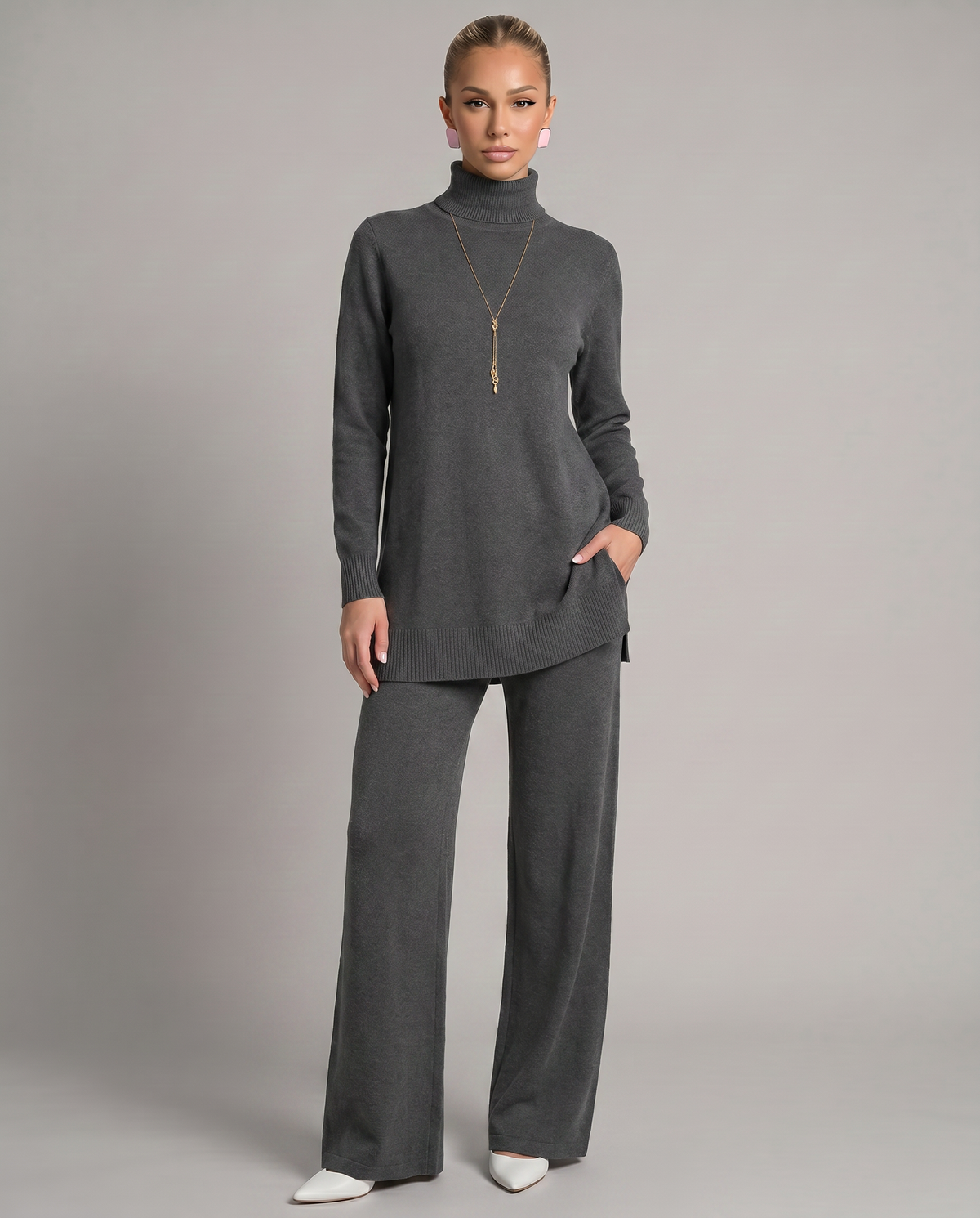 Women's Knit Two-Piece Set Turtleneck – Black