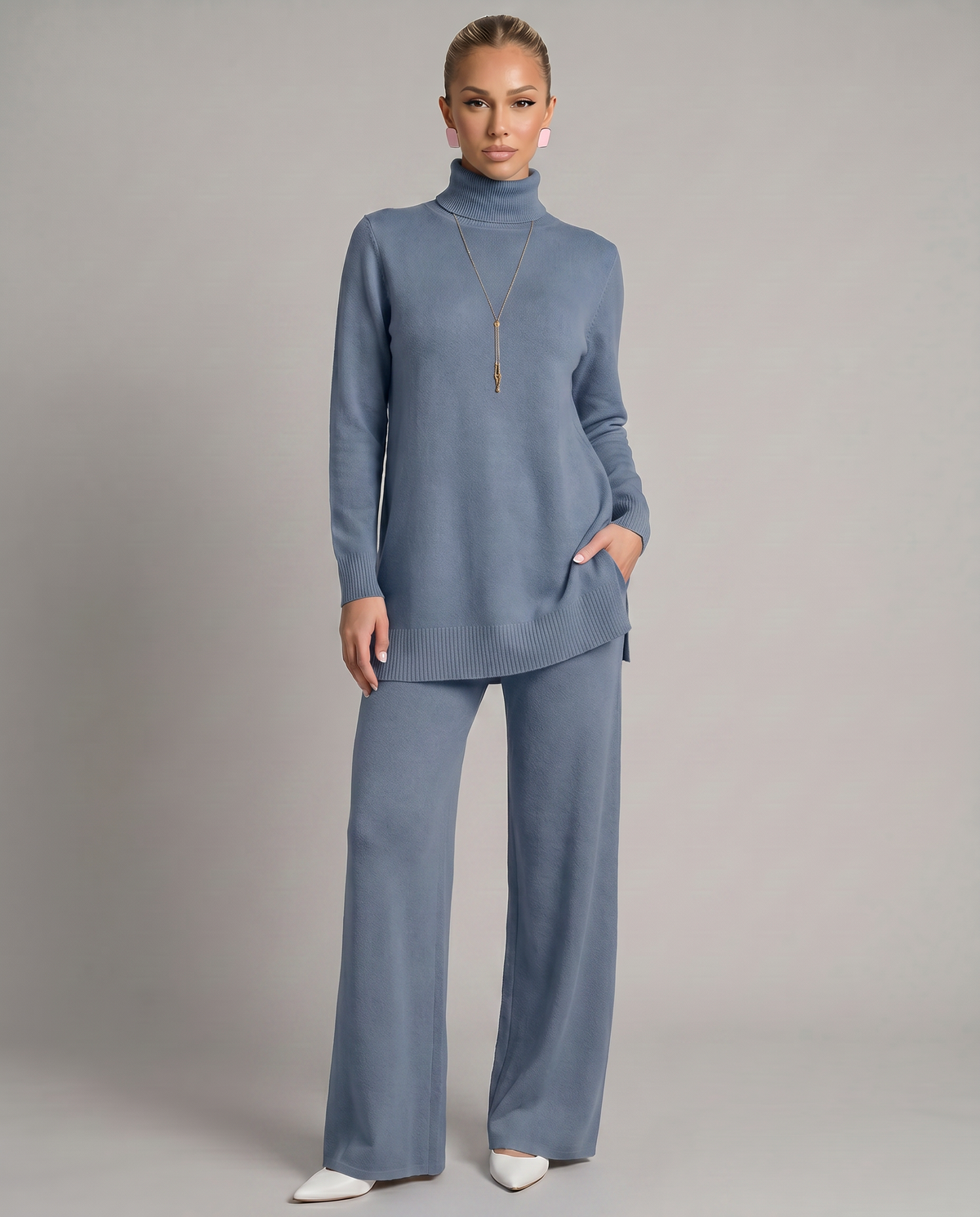 Women's Knit Two-Piece Set Turtleneck – Blue
