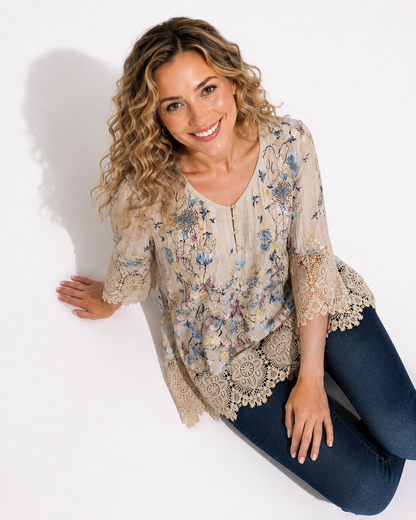 Women's Printed Top with Lace Hem