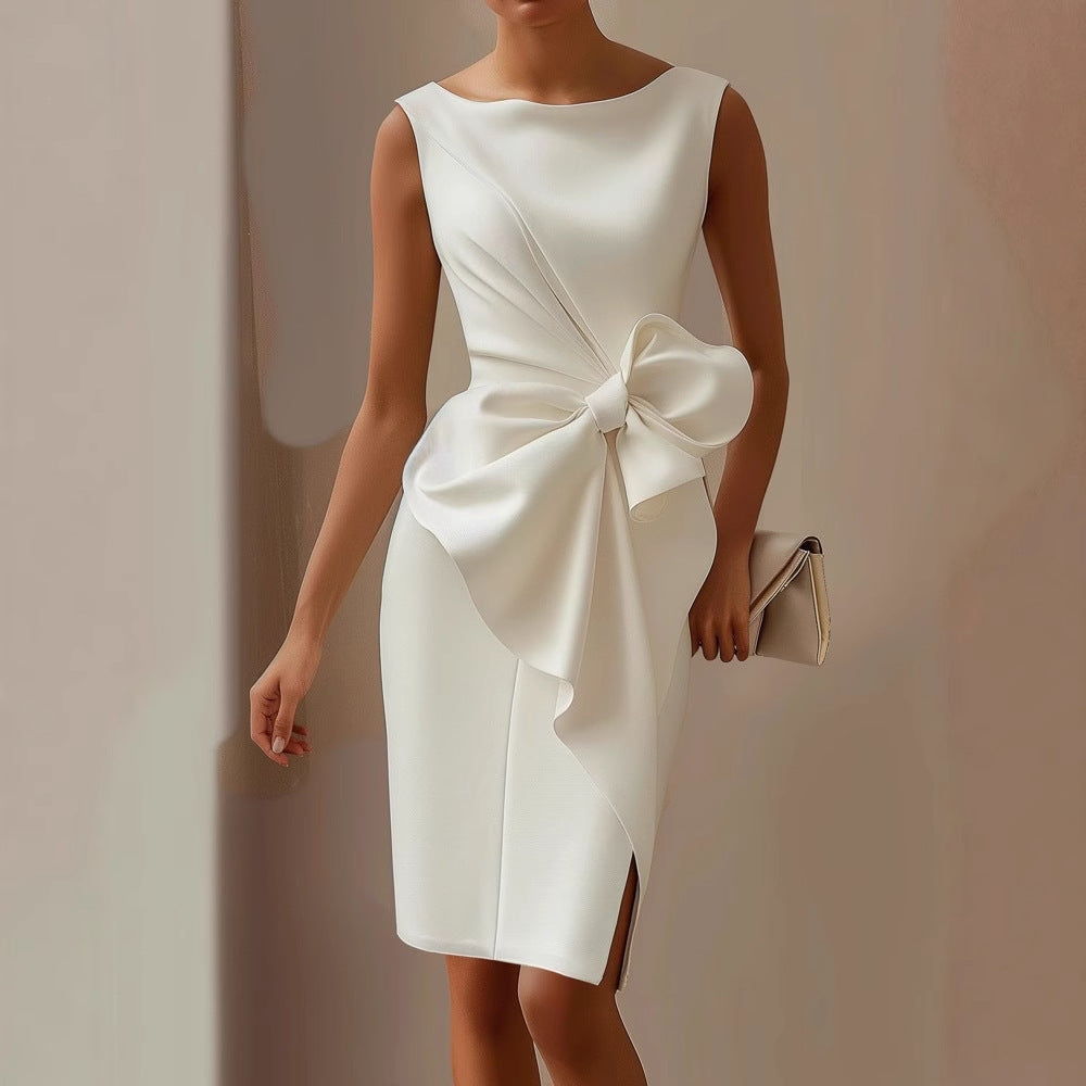 Women's Fitted Midi Dress with Waist Bow