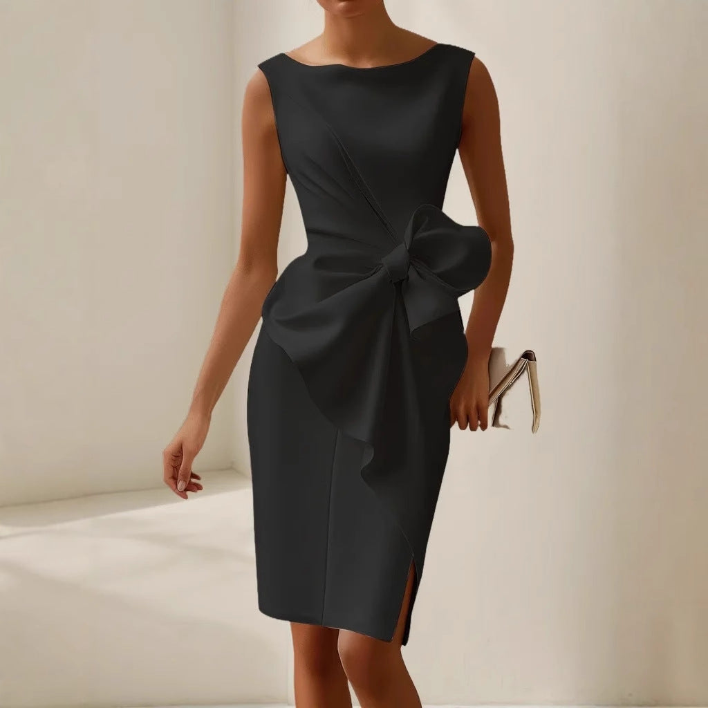 Women's Fitted Midi Dress with Waist Bow