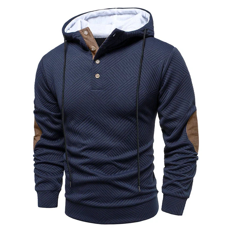 Men's Hooded Henley Sweatshirt with Elbow Patches