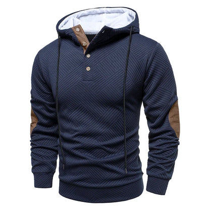 Men's Hooded Henley Sweatshirt with Elbow Patches