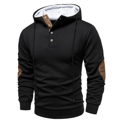 Men's Hooded Henley Sweatshirt with Elbow Patches