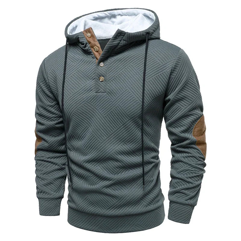 Men's Hooded Henley Sweatshirt with Elbow Patches