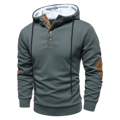 Men's Hooded Henley Sweatshirt with Elbow Patches