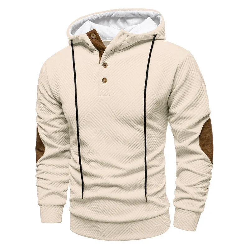 Men's Hooded Henley Sweatshirt with Elbow Patches