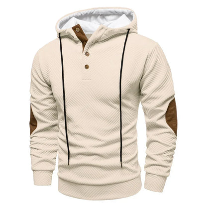 Men's Hooded Henley Sweatshirt with Elbow Patches