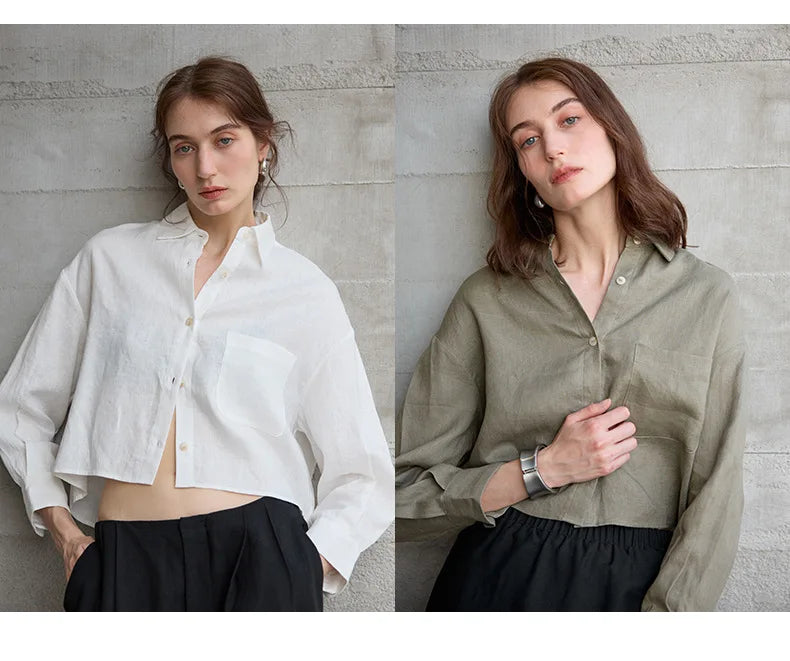 Women's Linen Cropped Long Sleeve Shirt-16