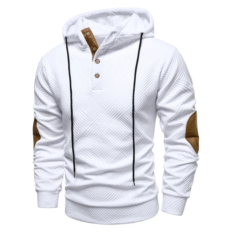 Men's Hooded Henley Sweatshirt with Elbow Patches