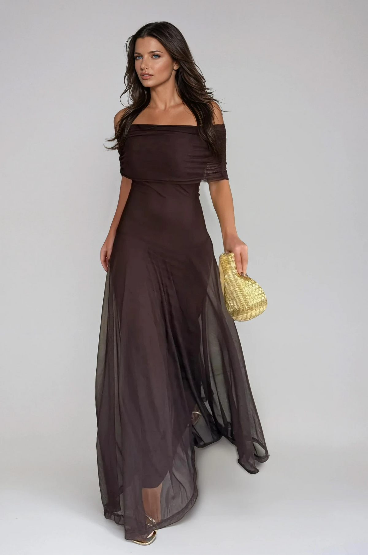 Women's Wedding Guest Maxi Dress with Mesh Overlay