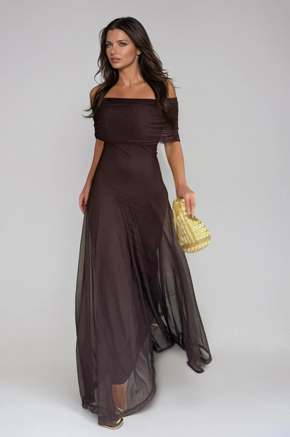 Women's Wedding Guest Maxi Dress with Mesh Overlay