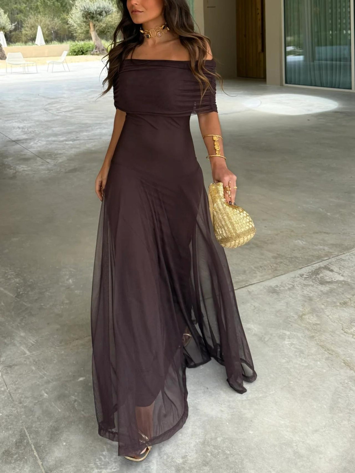 Women's Wedding Guest Maxi Dress with Mesh Overlay