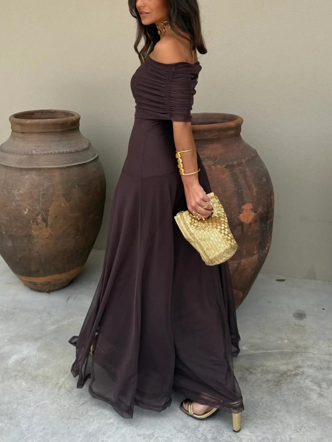 Women's Wedding Guest Maxi Dress with Mesh Overlay