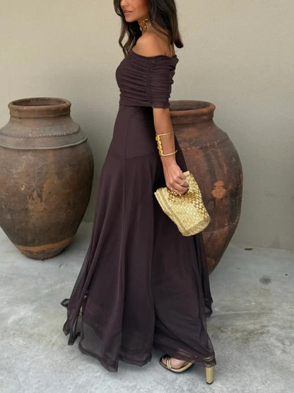 Women's Wedding Guest Maxi Dress with Mesh Overlay