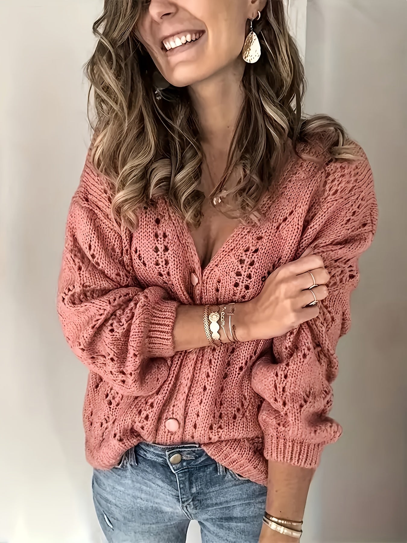 Women's Openwork Knit Cardigan with V-Neck