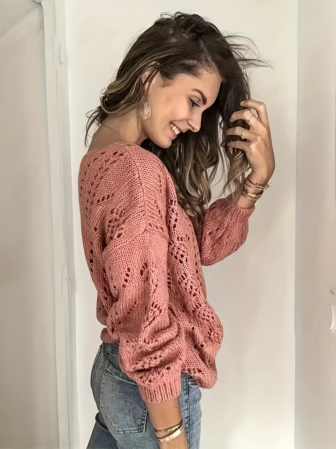 Women's Openwork Knit Cardigan with V-Neck