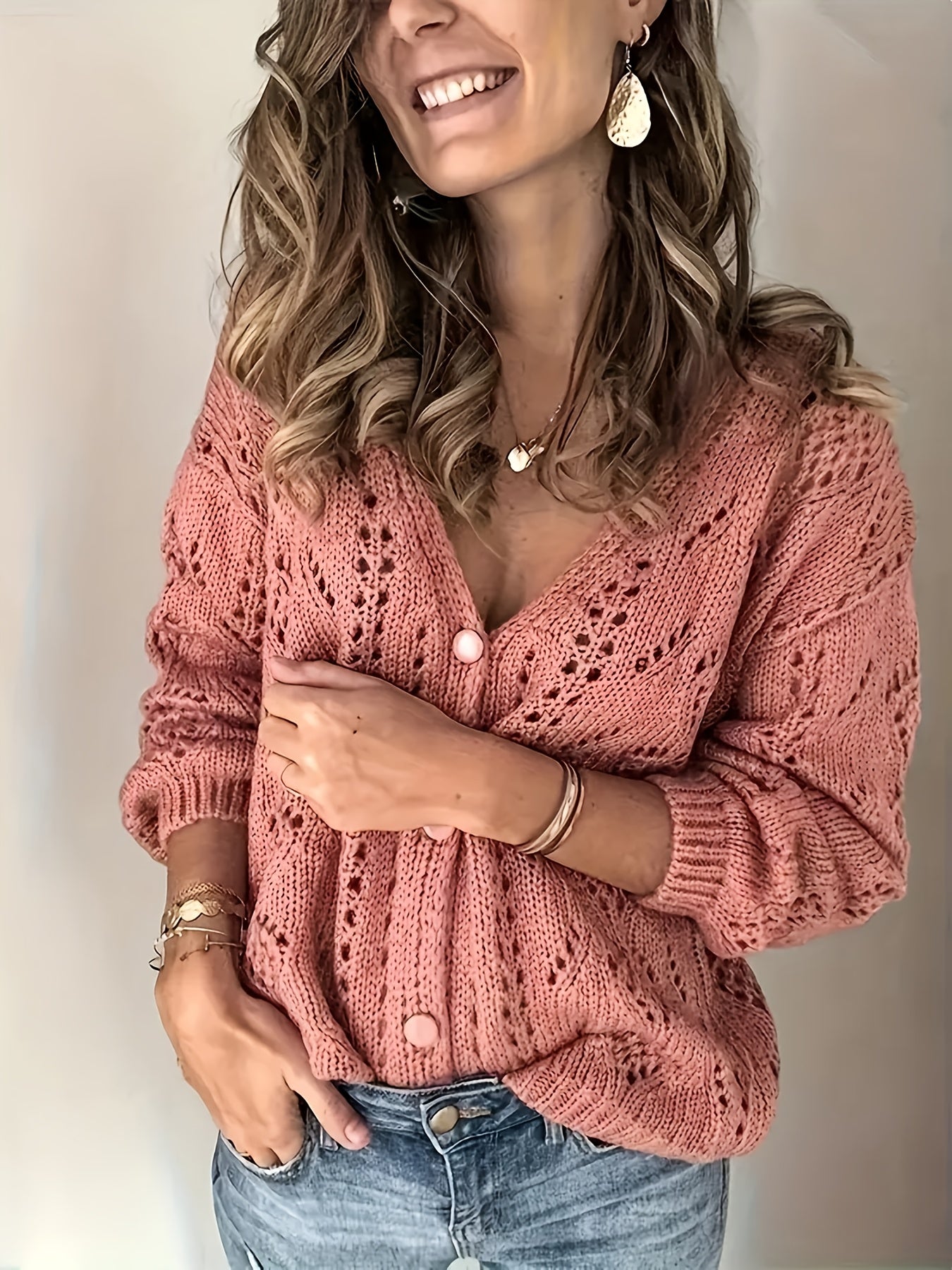 Women's Openwork Knit Cardigan with V-Neck