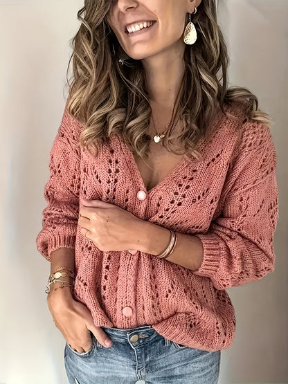 Women's Openwork Knit Cardigan with V-Neck