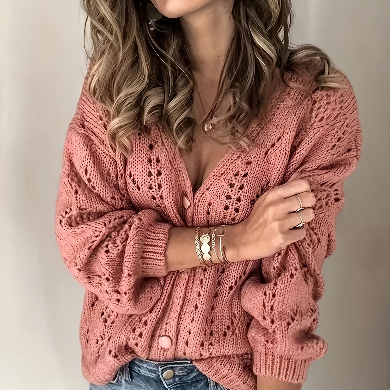 Women's Openwork Knit Cardigan with V-Neck