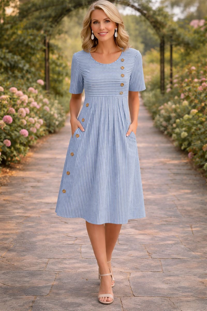 Women's Striped Midi Dress with Short Sleeves