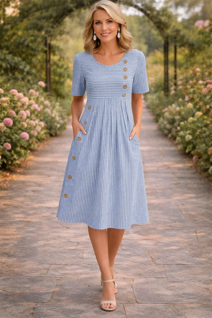Women's Striped Midi Dress with Short Sleeves