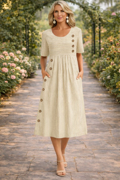 Women's Striped Midi Dress with Short Sleeves