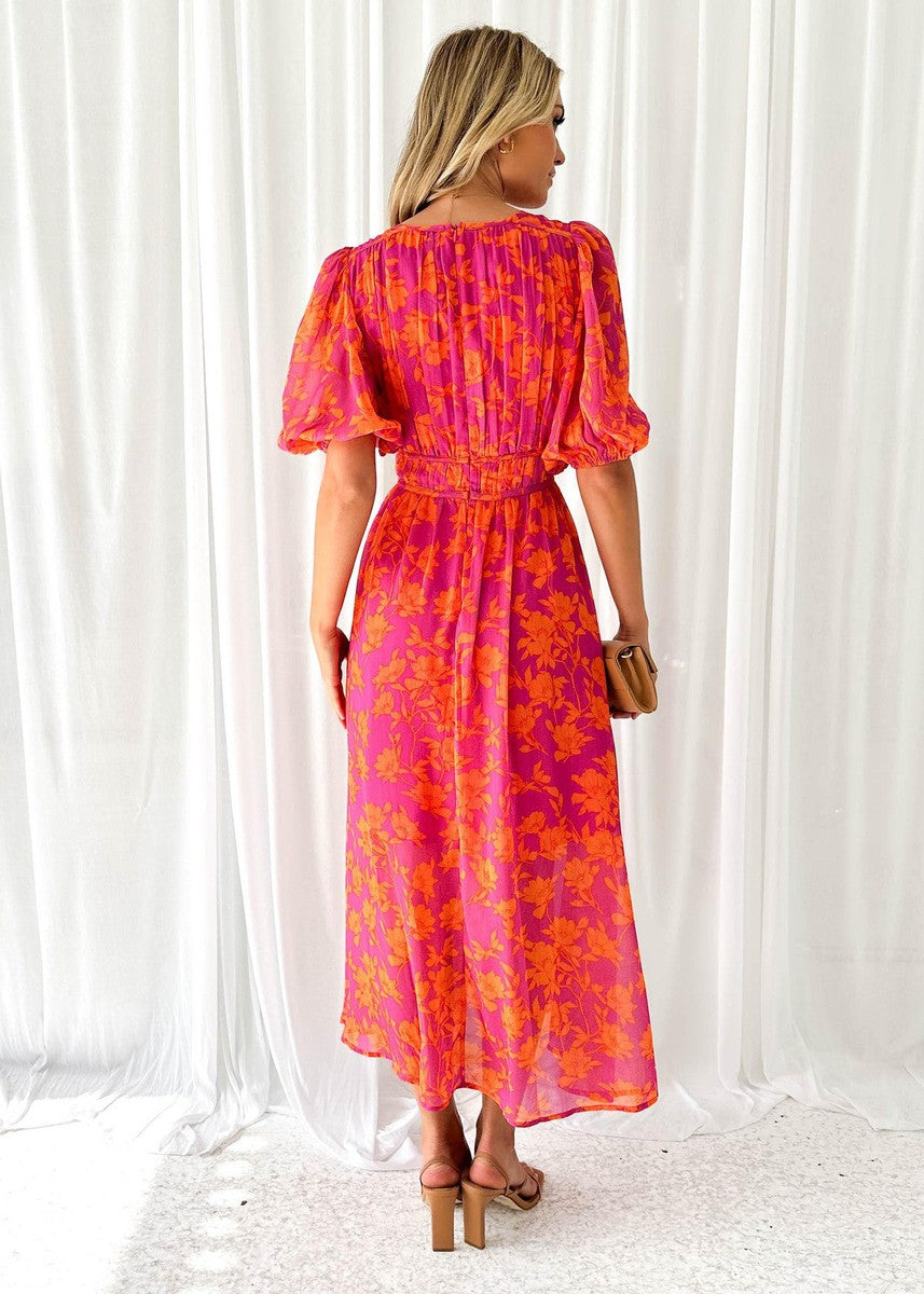Women's Floral Print Puff Sleeve V-Neck Midi Dress-3