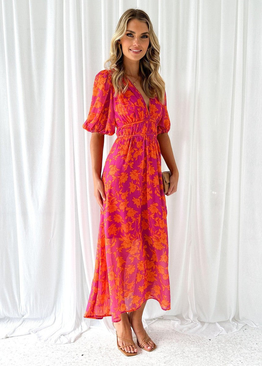 Women's Floral Print Puff Sleeve V-Neck Midi Dress-2