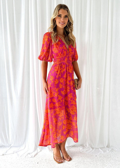 Women's Floral Print Puff Sleeve V-Neck Midi Dress-2