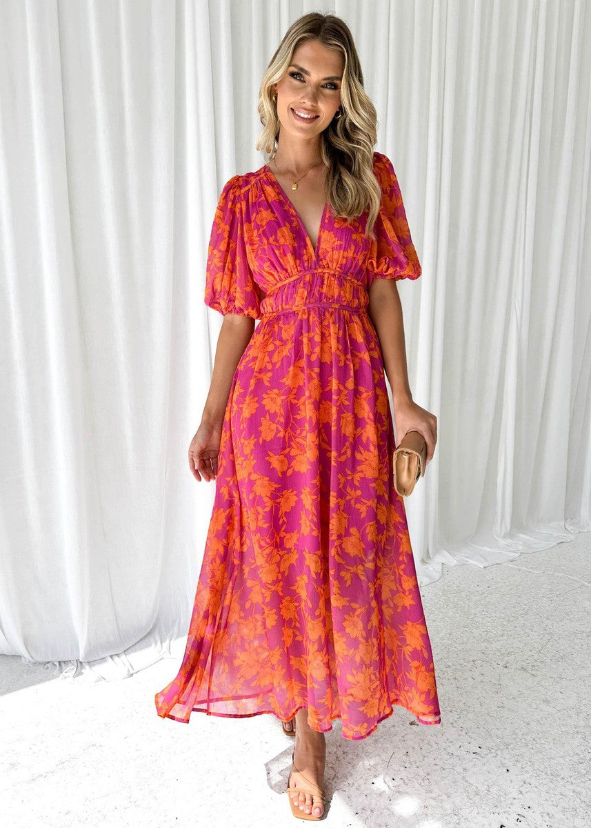 Women's Floral Print Puff Sleeve V-Neck Midi Dress-4