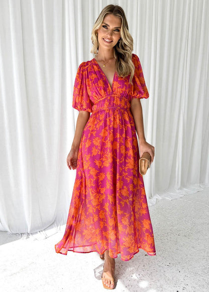 Women's Floral Print Puff Sleeve V-Neck Midi Dress-4
