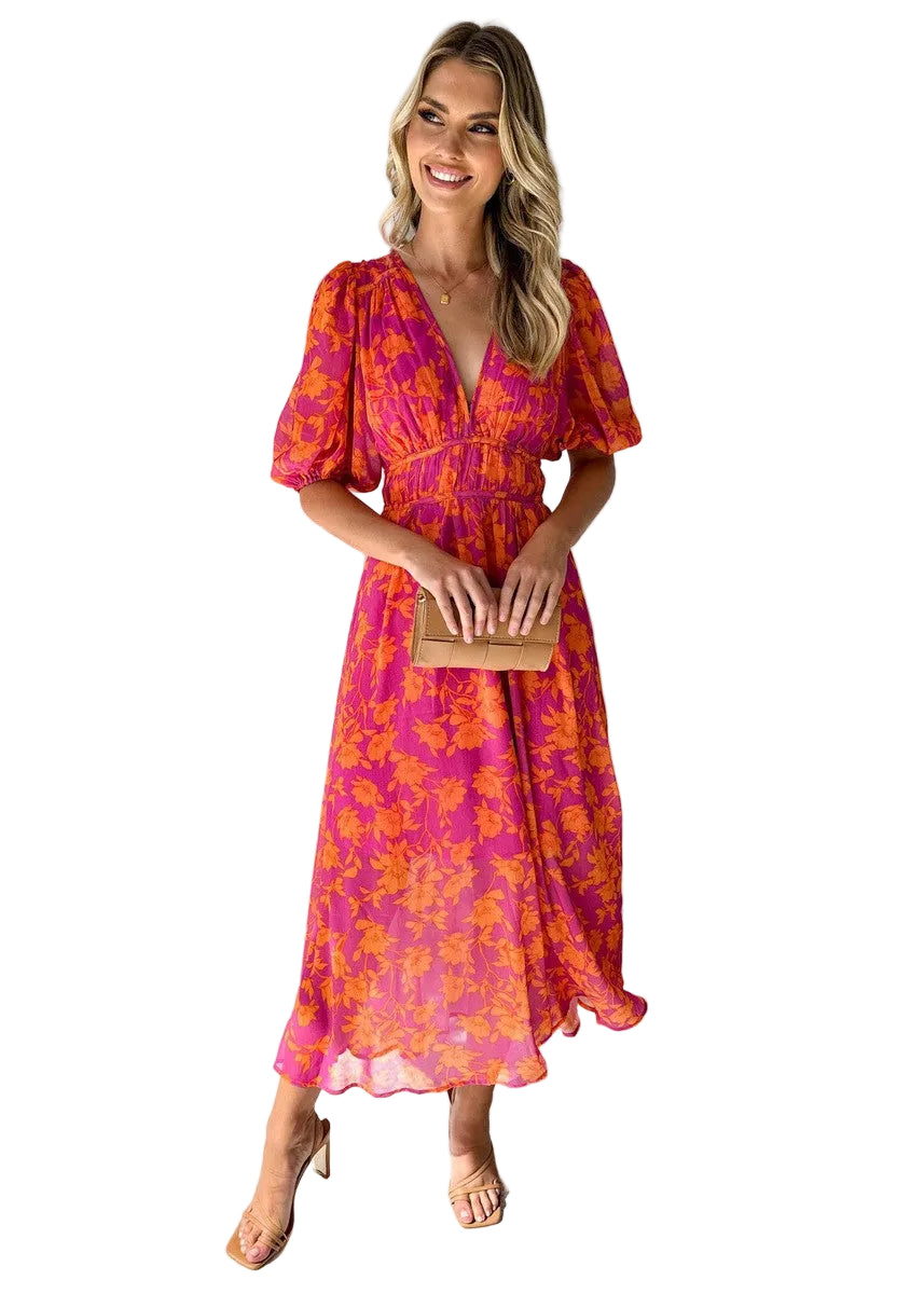 Women's Floral Print Puff Sleeve V-Neck Midi Dress-1