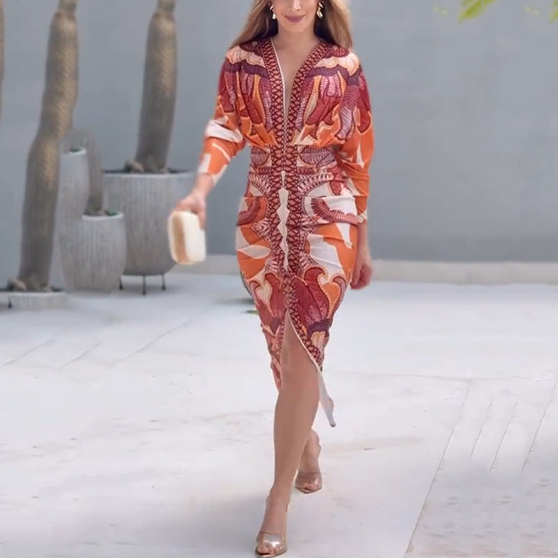 Women's Printed V-Neck Bodycon Midi Dress