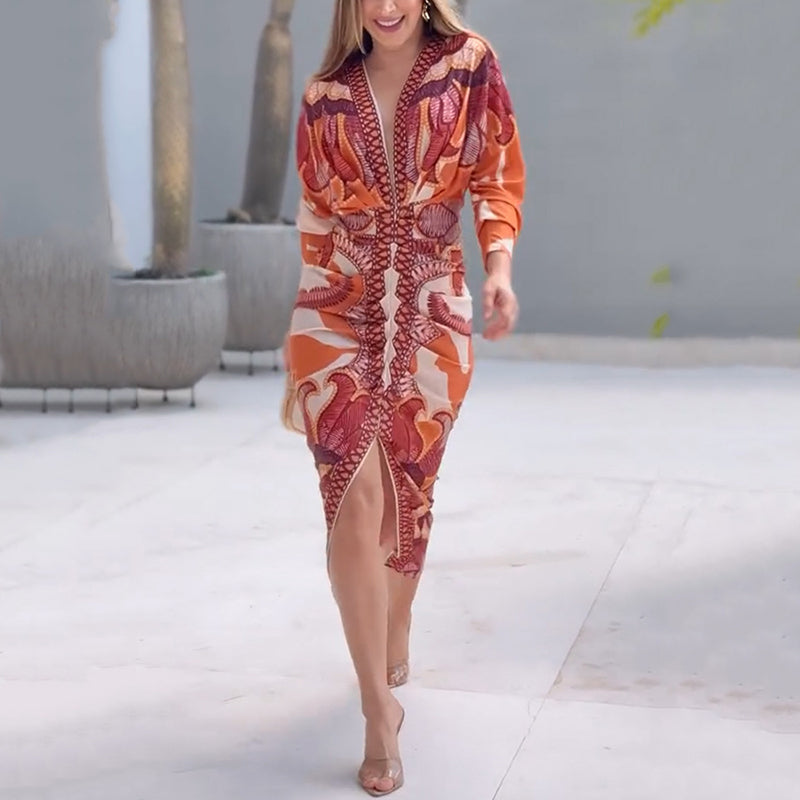Women's Printed V-Neck Bodycon Midi Dress