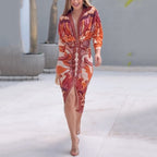 Women's Printed V-Neck Bodycon Midi Dress