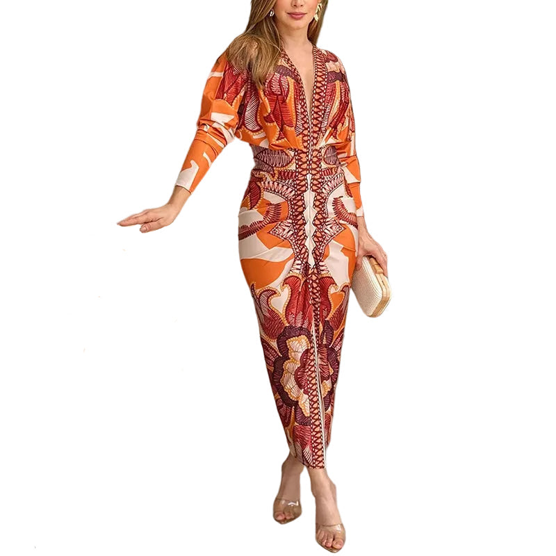 Women's Printed V-Neck Bodycon Midi Dress