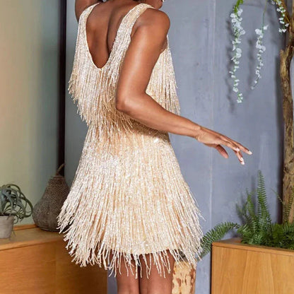 Women's Spaghetti Strap V-Neck Fringe Mini Dress-5